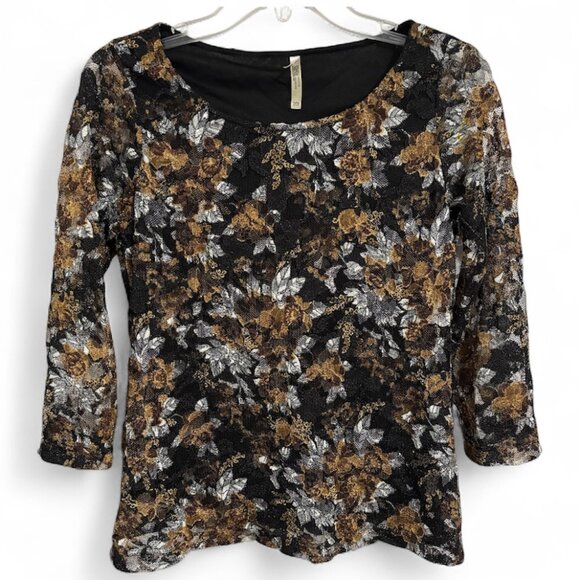 White Stag Tops - White Stag Black Gold Silver Floral Lace Top 3/4 Sleeve Women’s Small